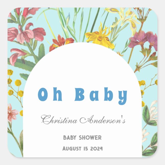 Pegatina Cuadrada Blue Floral Boy Elegant Square Baby Shower (Anverso)