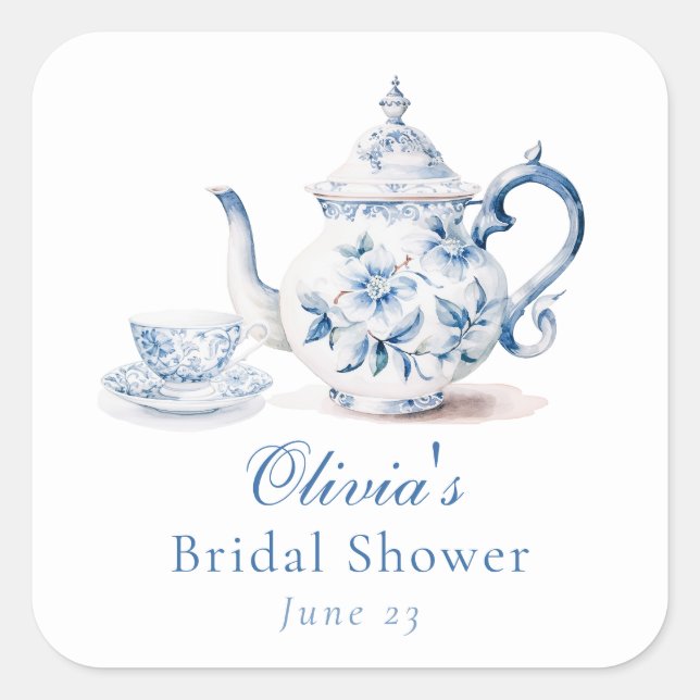 Pegatina Cuadrada Blue Floral Tea Fiesta Bridal Shower (Anverso)