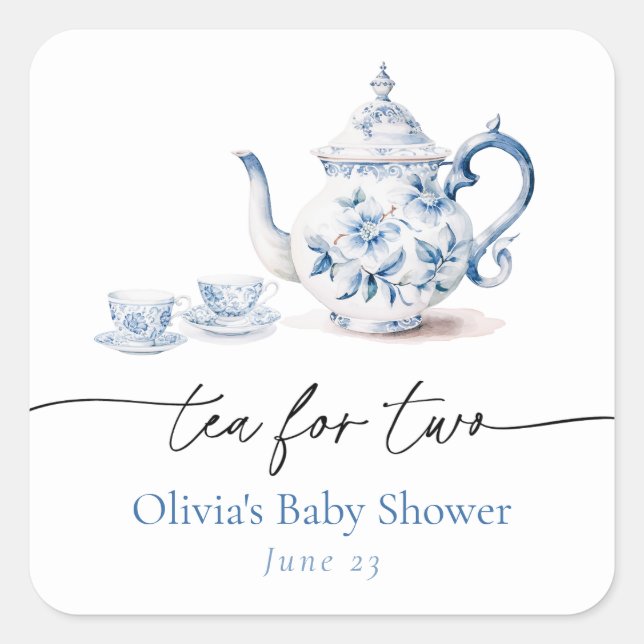 Pegatina Cuadrada Blue Floral Tea Fiesta Twin Baby Shower (Anverso)