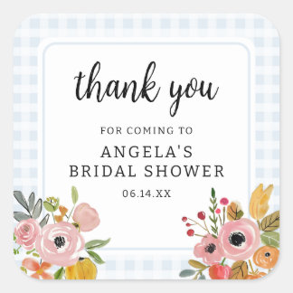 Pegatina Cuadrada Blue Gingham and Flowers Bridal Shower Thank You