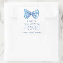 Pegatina Cuadrada Blue Gingham Bow Nombre Tie Baby Shower Gracias