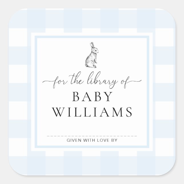 Pegatina Cuadrada Blue Gingham Bunny Para La Biblioteca De Bookplate (Anverso)