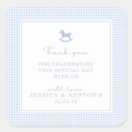 Pegatina Cuadrada Blue Gingham Rocking Horse Baby Shower Gracias