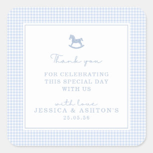 Pegatina Cuadrada Blue Gingham Rocking Horse Baby Shower Gracias