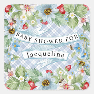Pegatina Cuadrada Blue Gingham Strawberry Berry Baby to Bee Shower