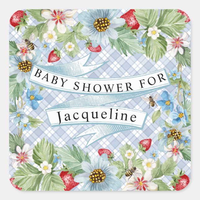 Pegatina Cuadrada Blue Gingham Strawberry Berry Baby to Bee Shower (Anverso)