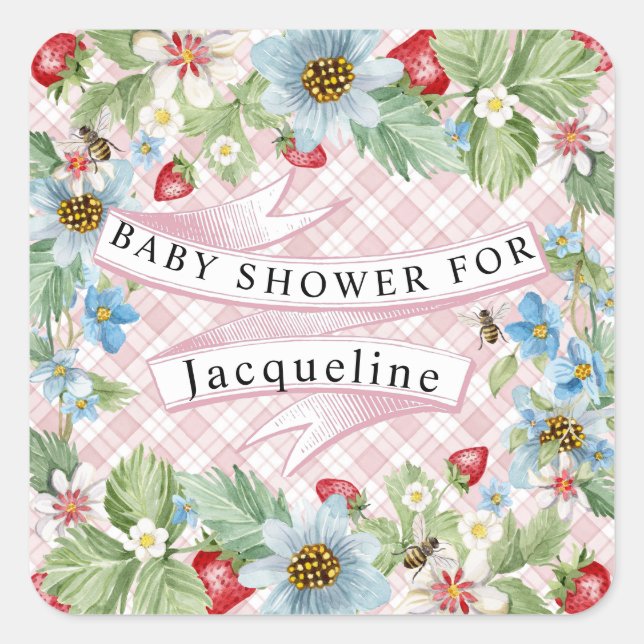 Pegatina Cuadrada Blue Gingham Strawberry Berry Baby to Bee Shower (Anverso)