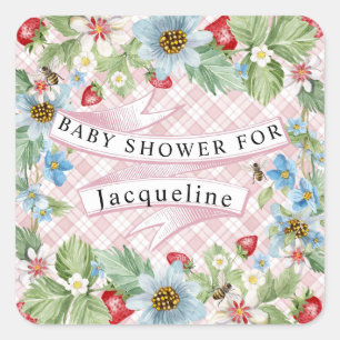 Pegatina Cuadrada Blue Gingham Strawberry Berry Baby to Bee Shower
