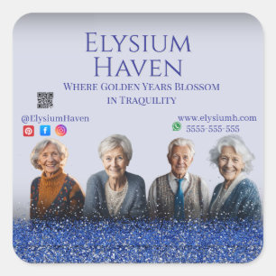 Pegatina Cuadrada Blue Glitter Seniors Care Homes Peace Love Family