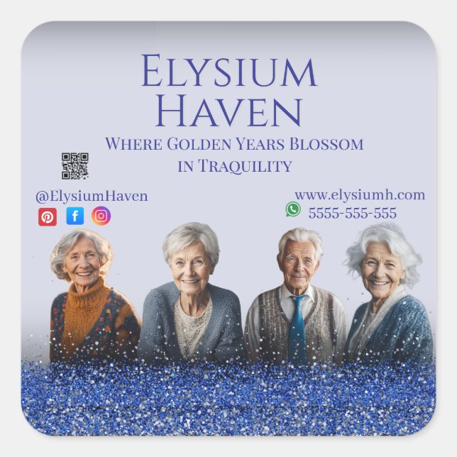 Pegatina Cuadrada Blue Glitter Seniors Care Homes Peace Love Family (Anverso)