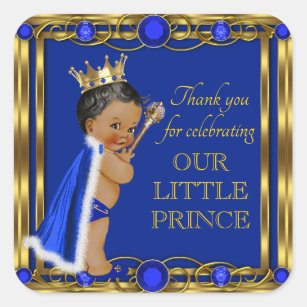 Pegatina Cuadrada Blue Gold African American Prince Baby Shower