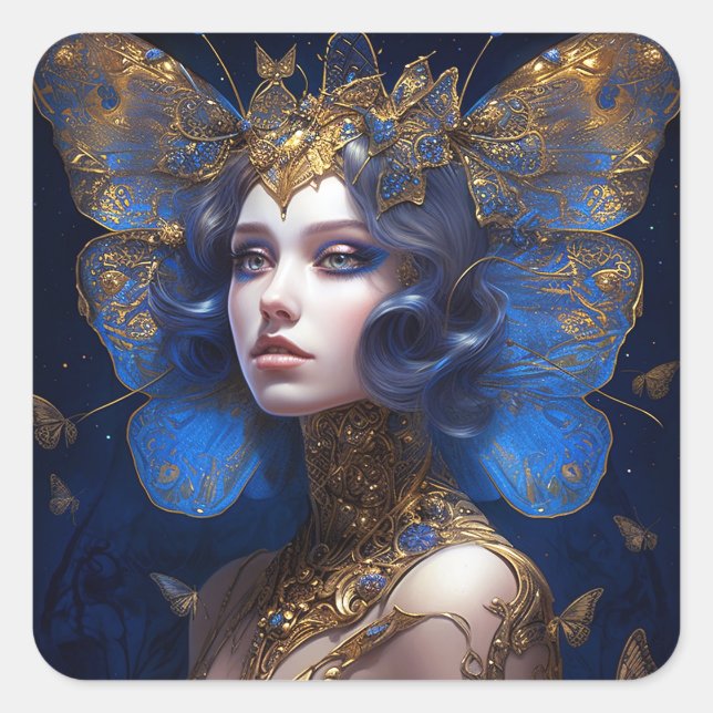 Pegatina Cuadrada Blue Gold Fairy Fantasy Art (Anverso)