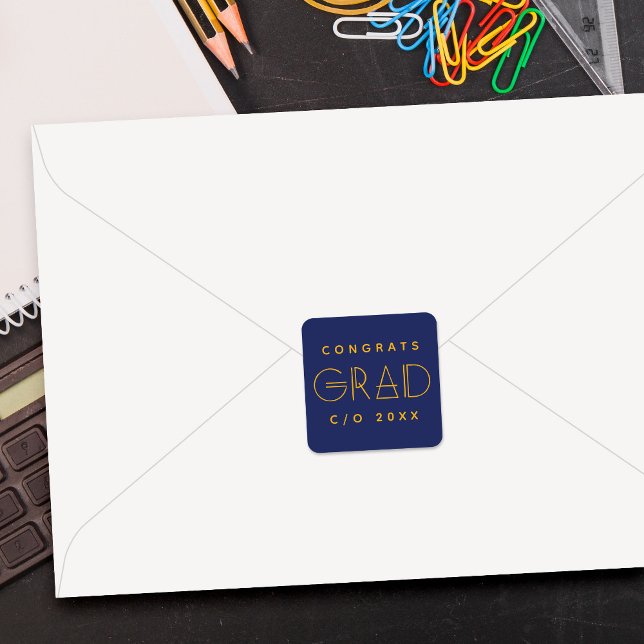 Pegatina Cuadrada Blue Gold Grad Typography Graduation Sticker (Subido por el creador)