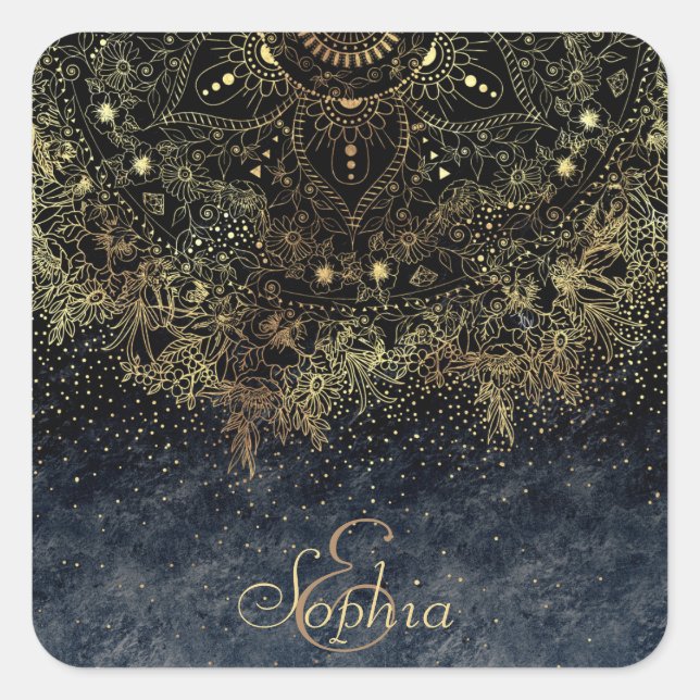 Pegatina Cuadrada Blue Gold Mandala Floral (Anverso)