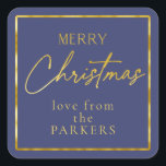 Pegatina Cuadrada Blue Gold Merry Christmas ID1009<br><div class="desc">Si se preguntan qué combinaciones de colores elegir para la decoración de sus Navidades y los suministros de envoltura de regalos este año, he creado colecciones de patrones de coordinación para hacer la vida un poco más fácil. Este pegatina de 'Feliz Navidad' presenta un fondo azul marino profundo y un...</div>