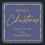 Pegatina Cuadrada Blue Gold Merry Christmas ID1009<br><div class="desc">Si se preguntan qué combinaciones de colores elegir para la decoración de sus Navidades y los suministros de envoltura de regalos este año, he creado colecciones de patrones de coordinación para hacer la vida un poco más fácil. Este pegatina de 'Feliz Navidad' presenta un fondo azul marino profundo y un...</div>