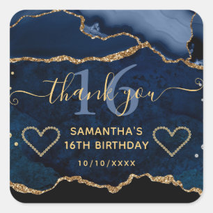 Pegatina Cuadrada Blue & Gold Purpurina Agate Marble Sweet 16