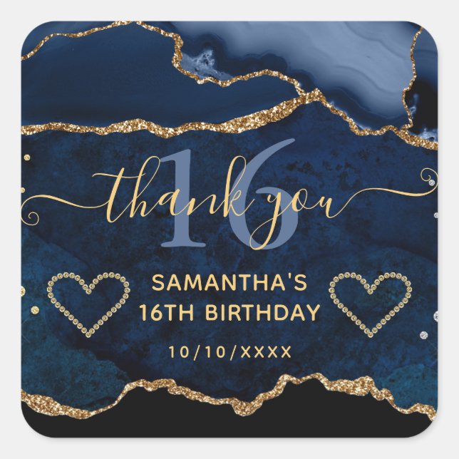 Pegatina Cuadrada Blue & Gold Purpurina Agate Marble Sweet 16 (Anverso)