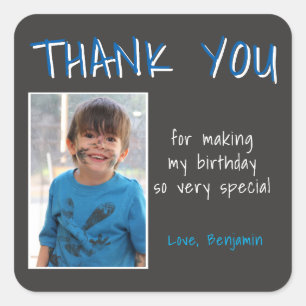 Pegatina Cuadrada Blue Gray Birthday Boy Foto Gracias Favor