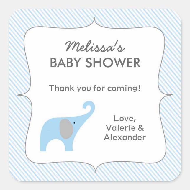 Pegatina Cuadrada Blue Gray elephant baby ducha favor gracias (Anverso)
