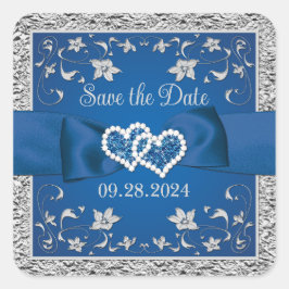 Pegatina Cuadrada Blue, Grey Love Hearts Wedding Save the Date