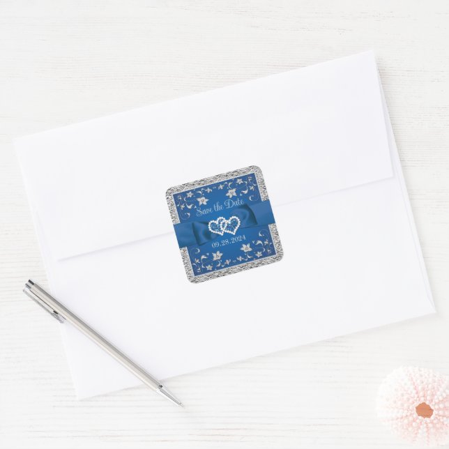 Pegatina Cuadrada Blue, Grey Love Hearts Wedding Save the Date (Sobre)