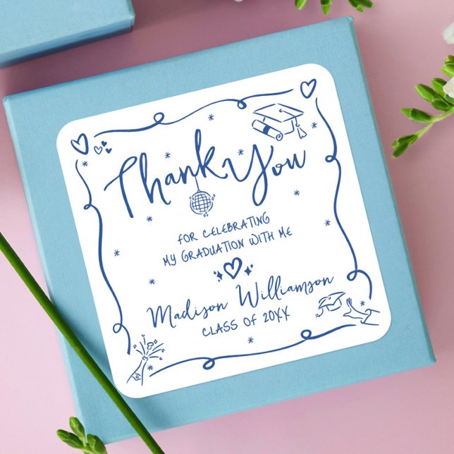 Pegatina Cuadrada Blue Hand Drawn Doodles Graduation Thank You White (Subido por el creador)