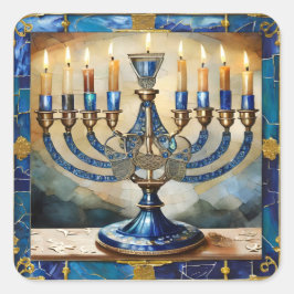 Pegatina Cuadrada Blue Hanukkah Menorah