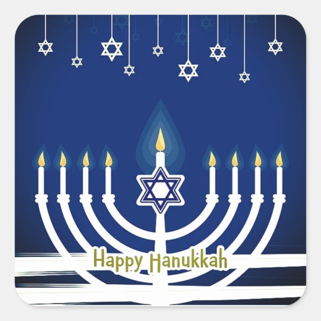 Pegatina Cuadrada Blue Happy Hanukkah Star Menorah Candle Lights (Anverso)