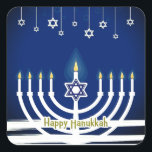 Pegatina Cuadrada Blue Happy Hanukkah Star Menorah Candle Lights<br><div class="desc">Celebra el Festival de las Luces con estilo con estos encantadores pegatinas Happy Hanukkah. Este diseño festivo presenta una menorah blanca iluminada con velas en un fondo azul con Happy Hanukkah escrito en el fondo en oro. La pequeña decoración Magen David o Star of David cuelgan de la parte superior...</div>