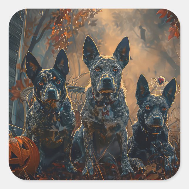 Pegatina Cuadrada Blue Heeler Halloween Noche Doggy Delight (Anverso)