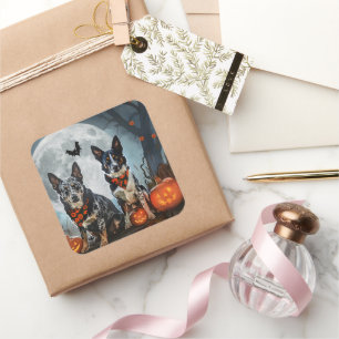 Pegatina Cuadrada Blue Heeler Halloween Spooky