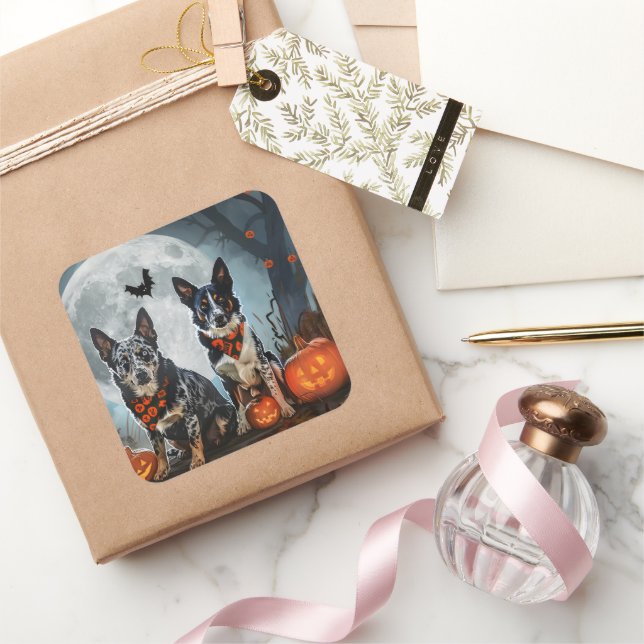 Pegatina Cuadrada Blue Heeler Halloween Spooky (Regalar)