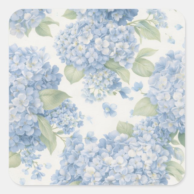 Pegatina Cuadrada Blue Hydrangea Floral Sticker • Coastal Gift (Anverso)