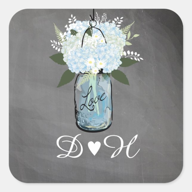 Pegatina Cuadrada Blue Hydrangea Mason Jar Chalkboard | BODA (Anverso)