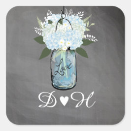 Pegatina Cuadrada Blue Hydrangea Mason Jar Chalkboard | BODA