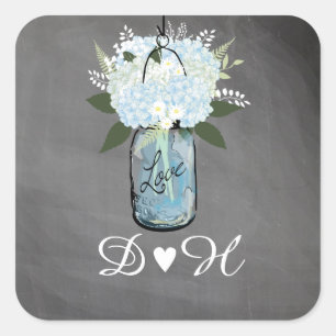 Pegatina Cuadrada Blue Hydrangea Mason Jar Chalkboard   BODA