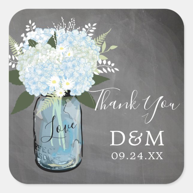 Pegatina Cuadrada Blue Hydrangea Mason Jar Chalkboard Wedding Favor (Anverso)