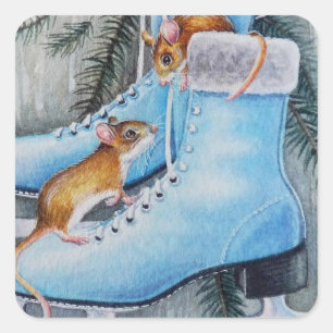 Pegatina Cuadrada Blue Ice Skates and Mice Holiday Home Watercolor A
