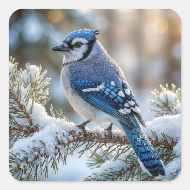 Pegatina Cuadrada Blue Jay Perched On a Snowy Pine  (Anverso)
