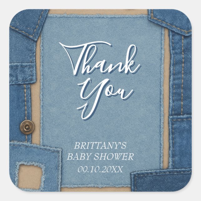 Pegatina Cuadrada Blue Jean Baby Denim Baby Shower (Anverso)
