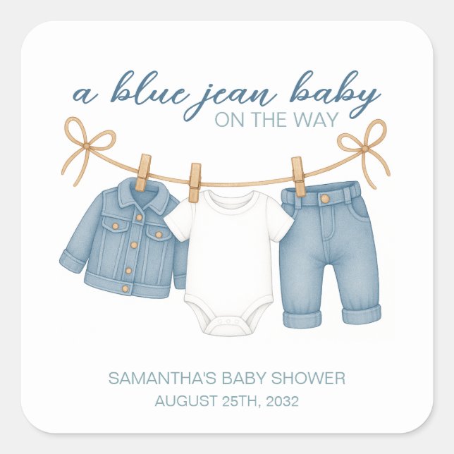 Pegatina Cuadrada Blue Jean Baby On the Way Baby Shower (Anverso)