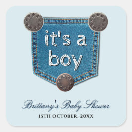 Pegatina Cuadrada Blue Jean Denim It's a Boy Baby Shower