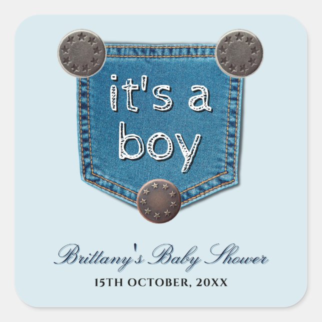 Pegatina Cuadrada Blue Jean Denim It's a Boy Baby Shower (Anverso)