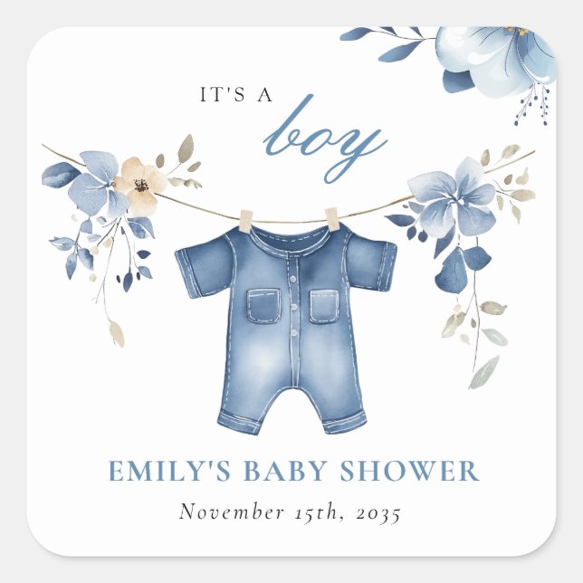 Pegatina Cuadrada Blue Jean Denim Sweet Boy Baby Shower (Anverso)