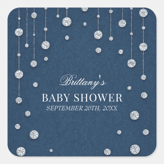 Pegatina Cuadrada Blue Jean Denim y Diamond Baby Shower (Anverso)