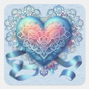 Pegatina Cuadrada Blue Lace Ribbons Valentine Heart