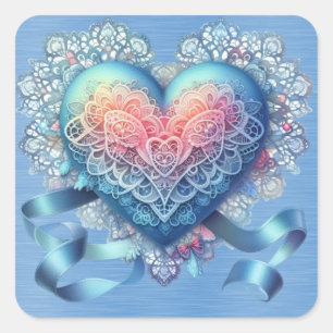 Pegatina Cuadrada Blue Lace Ribbons Valentine Heart