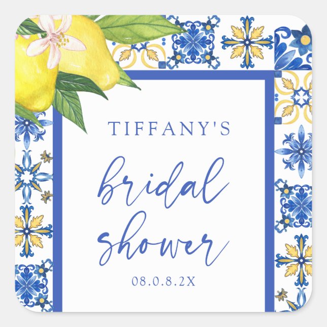 Pegatina Cuadrada Blue Lemons Mediterráneo Bridal Shower (Anverso)