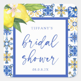 Pegatina Cuadrada Blue Lemons Mediterráneo Bridal Shower